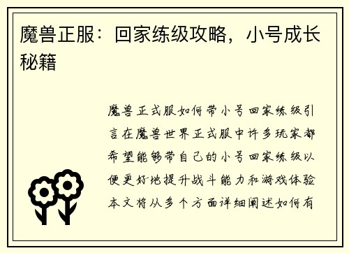 魔兽正服：回家练级攻略，小号成长秘籍